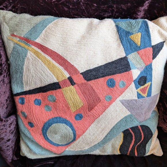 Kandinsky Style Wool Chainstitch Crewelwork Decorative Accent Pillow - Picture 9 of 15